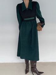 Urban Color-Block Lapel High-Waist Midi Dress