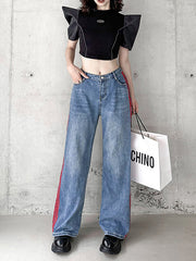 High Waisted Wide Leg Contrast Color Striped Jean Pants Bottoms