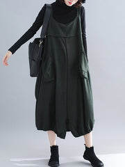 Retro Literary Suspenders Big Pocket Wide Leg Culottes Pants