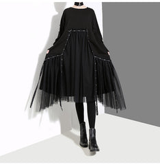 Women Net Yarn Big Swing Skirt Solid Color Dress