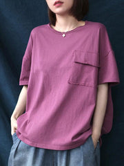 Loose Solid Casual Cropped Round Neck T-Shirt