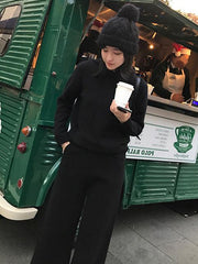 Soft Knitting Spun With-hat Sweater + Wide Leg Pants Suits