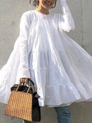 Irregularity Long Sleeves Pleated Solid Color Round-neck Blouses&shirts Tops