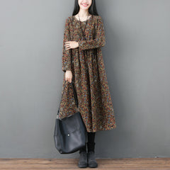 Retro Floral Loose Round Neck Midi Dress
