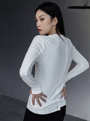 Simple Black Irregular Collar Stitching Casual Long-Sleeved T-Shirt