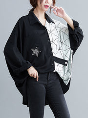 Women Contrast Stitching Loose Bat Sleeve Shirt
