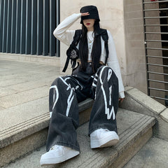 Retro Jeans Print Graffiti Wide-Leg Denim Pants