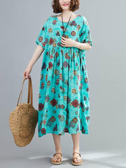 Vintage Floral Round-Neck Short Sleeves Dress