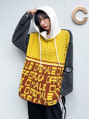 Retro Hooded Loose Sweater Stitching Denim Contrast Hole Sweatshirt