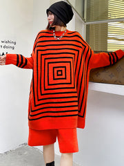 Long Sleeve Jacquard Sweater Loose Casual Shorts Knitted Two-Piece Suit