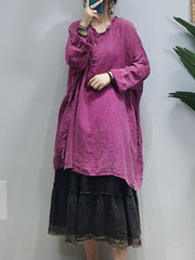 Retro Solid Color Washed Older Long Sleeve Midi Dress