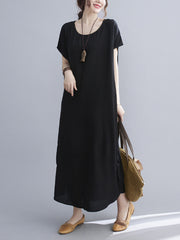 Women Round Neck Solid Color Loose Casual Dress