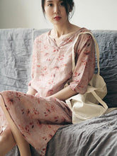 Vintage Loose Ramie Printed V-Neck Midi Dress