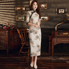 Stand-Up Neckline, High Slit, Seven-Part Sleeve Lace Cheongsam Maxi Dress