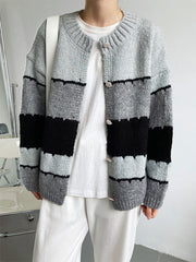 Color Block Round Neck Knitted Sweater Coat