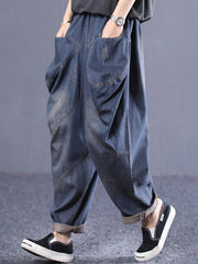 Vintage Loose Cropped Pocket Splicing Jean Harem Pants