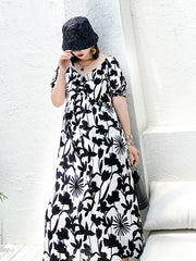 Original Floral Bishop Sleeve Elasticity Waist Dress