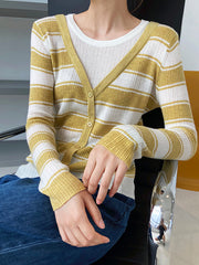 Fake Two Striped Knitted Long Sleeve Sweater Top