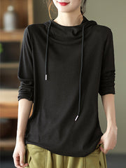 Solid Color Pit Striped Hooded Loose T-Shirt