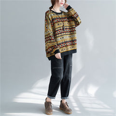 Women Printed Plus Velvet Round Neck Casual Sweater