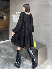 Retro Solid Color Square Neck Puff Sleeve Dress