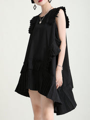 Asymmetric Pleated Pure Color Split-Joint Flying Sleeves Roomy Round-Neck Midi Dresses