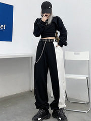 Contrasting Single Breasted High Waisted Wide Leg Casual Pants