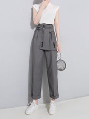 Solid Color Empire Button-Knotted Ninth Pants