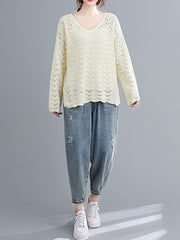 Women Loose V-Neck Cutout Pullover Sweater