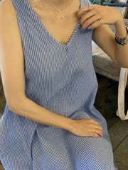 V-Neck Striped Loose Sleeveless Casual Dress