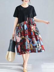 Loose Ramie Cotton Split-joint Floral Printed Midi Dress