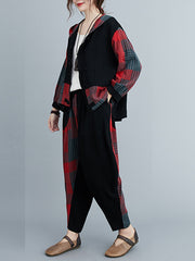 Women Retro Plaid Stitching Two-Piece Suit