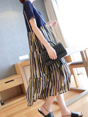 Stripe Splicing Pleated Empire Midi Dress