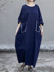 Women Round Neck Pocket Loose Long Sleeve Dress