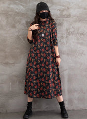 Vintage Floral Printed Stand Collar Midi Dress