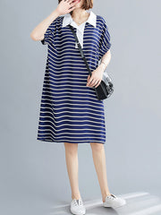 Striped Lapel Split-Joint Midi Dress