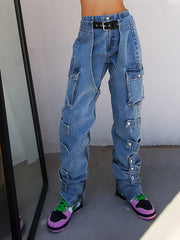 Women Big Pocket Denim Casual Pants