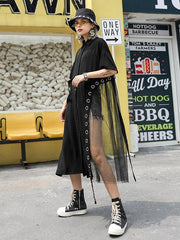 Loose Mesh Splicing Short Sleeve Shirt Dress