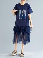 Plus Size Loose Mesh Split-Joint Print Midi Dress