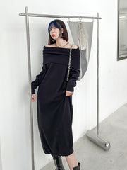 Retro Solid Color Knitted High-Neck Midi Dress