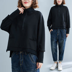 Mock Neck Zipper Black Solid Sweatshirt