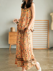 Retro Floral Printed Sleeveless Wide Leg Suit