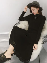 Lace Split-joint Drawstring Base Knitting Midi Dress
