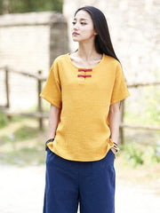 Chinoiserie Frog Round-neck Ramie Cotton T-shirt