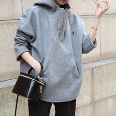 Loose Solid Color Zipper Pullover Sweatshirt
