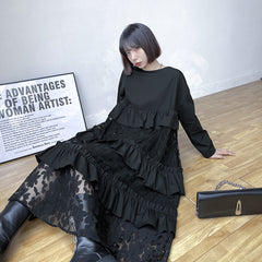 Lace Loose Long Sleeve Cake Midi Dress