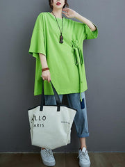 Loose Solid Color Bow-Embellished Half-Sleeve T-Shirt