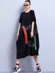 Hip-Hop Letter Stamped Contrast Colors Splicing Roomy Dress