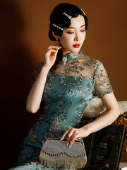 Hollowed Out Ruffle Hem Straight Lapel Waist High Slit Cheongsam Midi Dress