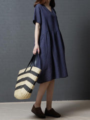 Plaid Loose Ramie Cotton Linen Long Dress